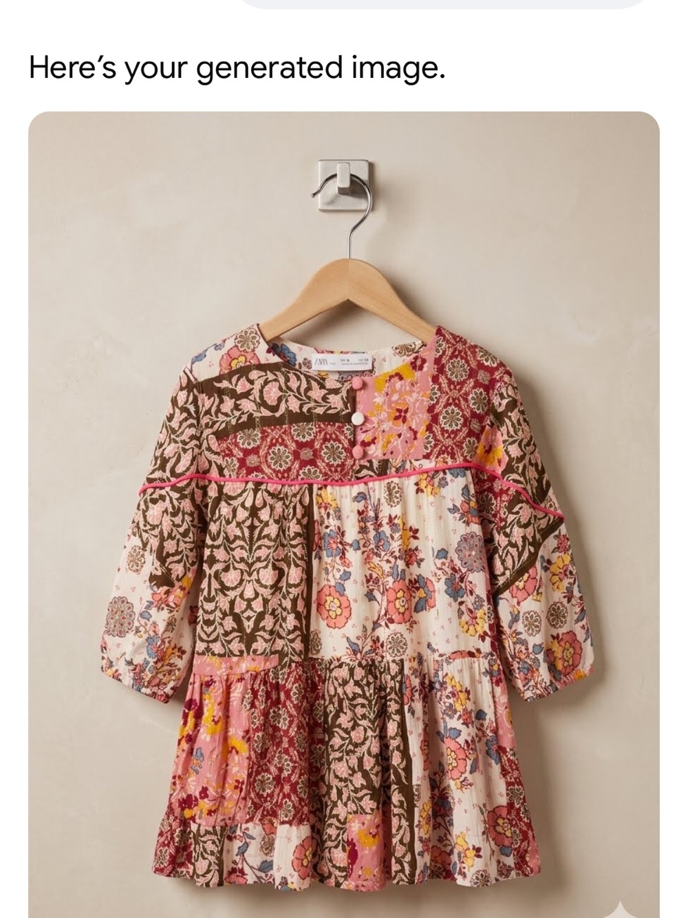 Zara Patchwork Floral Boho Casual Dress - Pink & Brown, Girls Size 5